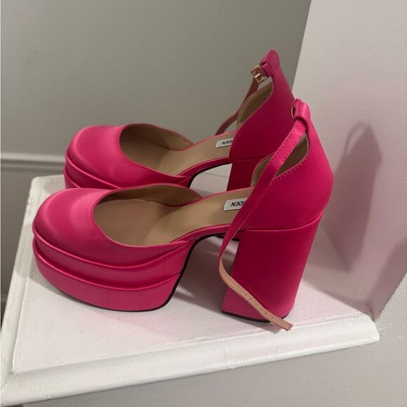 Steve Madden Charlize Pink Satin Double Platform Ankle Strap Pumps - Picture 8 of 11